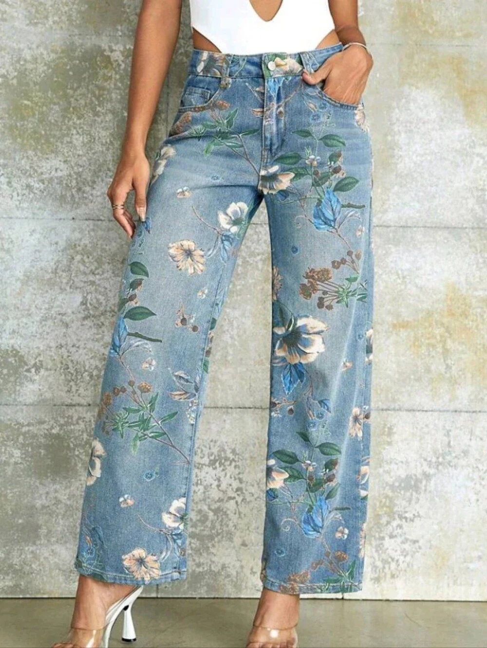 90s Retro Print High Waist Side Pocket Wide Leg Jeans, Casual Street Style